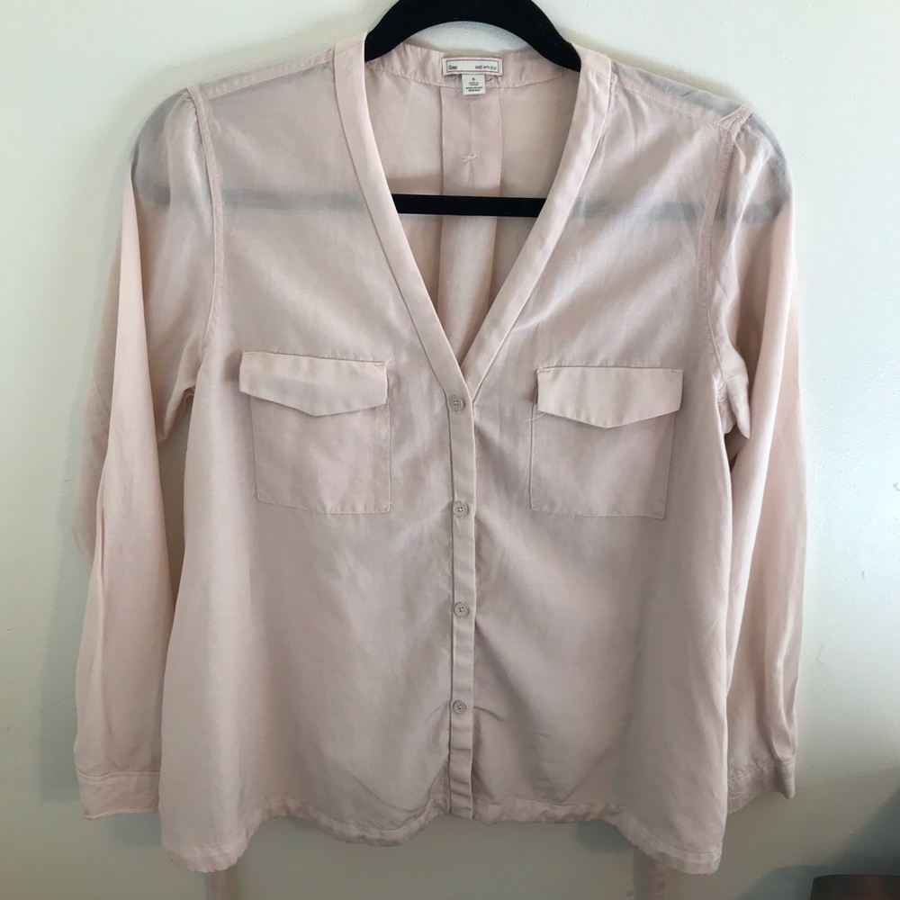 Gap Pocket Tie Waist V Neck Blush Pink Blouse